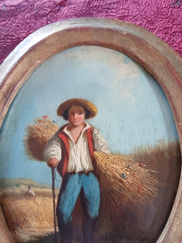 Charming Pair Of Medallion Paintings Depicting Two Young Peasants In The Countryside-photo-2