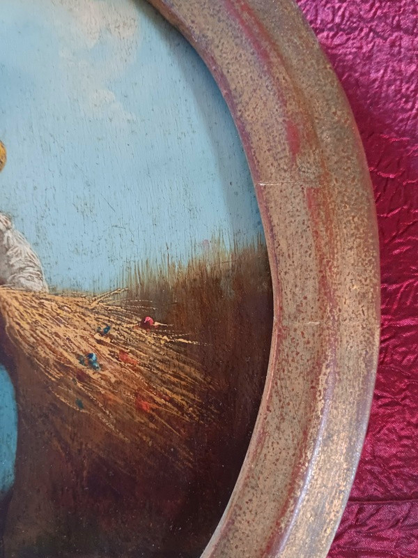 Charming Pair Of Medallion Paintings Depicting Two Young Peasants In The Countryside-photo-3