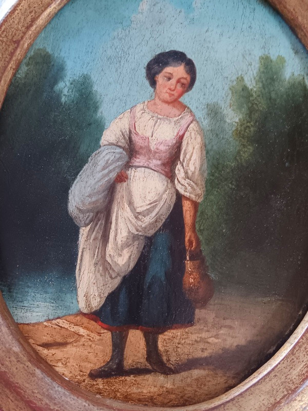 Charming Pair Of Medallion Paintings Depicting Two Young Peasants In The Countryside-photo-4