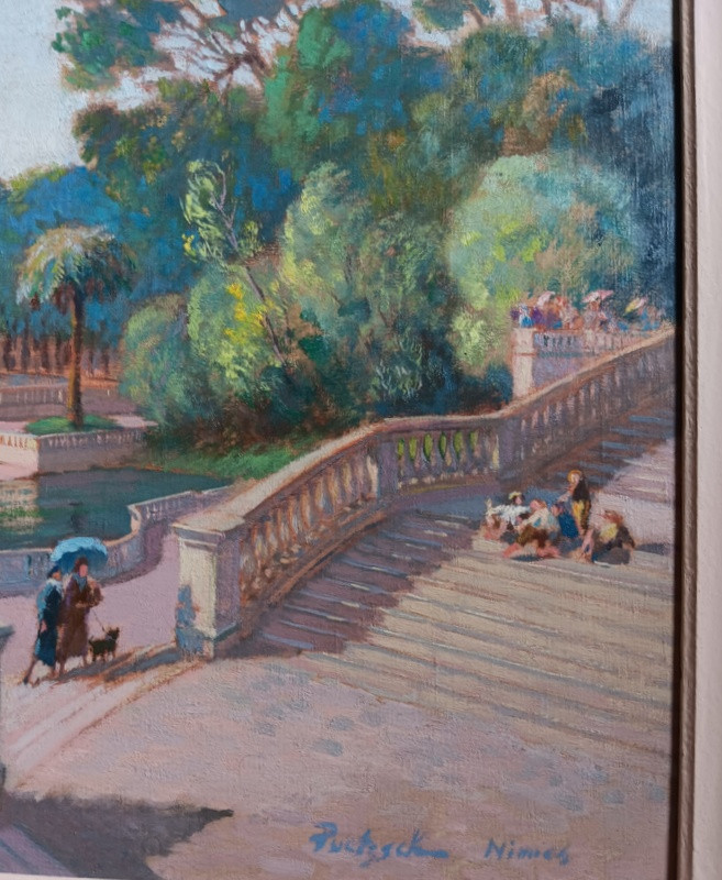Gustave Poetzsch (neuchâtel 1870 – Paris 1950) Nîmes The Fountain Gardens Oil On Canvas-photo-3