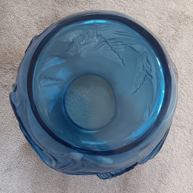 Verlys Vase Les Oiseaux De Paradis En Verre Bleu Art Déco Vers 1930-photo-3
