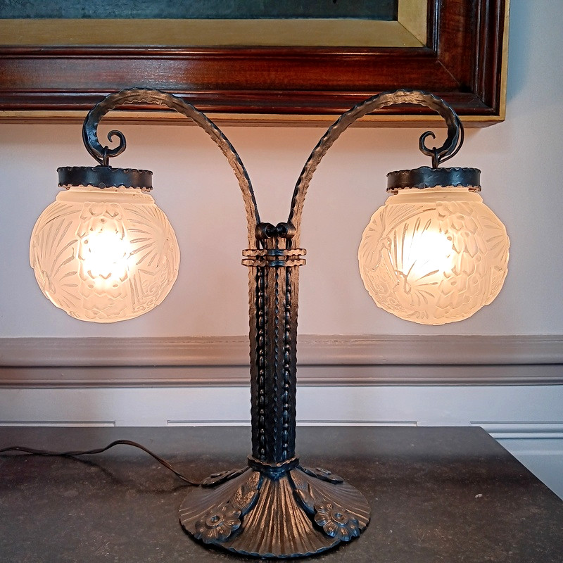 Muller Frères Lunéville Importante Lampe Aux Paons Fer Forgé époque Art Déco Vers 1930-photo-2