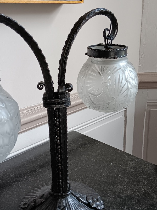 Muller Frères Lunéville Importante Lampe Aux Paons Fer Forgé époque Art Déco Vers 1930-photo-4