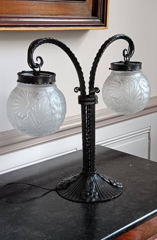 Muller Frères Lunéville Importante Lampe Aux Paons Fer Forgé époque Art Déco Vers 1930-photo-5