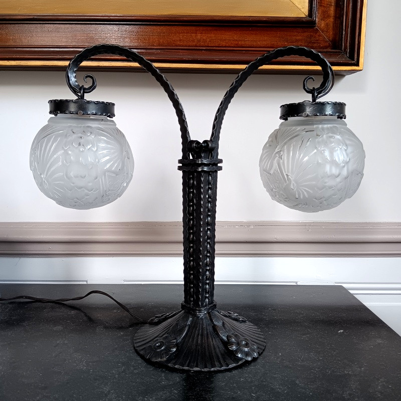 Muller Frères Lunéville Importante Lampe Aux Paons Fer Forgé époque Art Déco Vers 1930