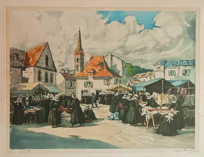 Henri Barnoin (1882-1940) Market Scene In Brittany Aquatint Engraving Water Paintinging-photo-2