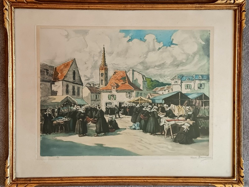 Henri Barnoin (1882-1940) Market Scene In Brittany Aquatint Engraving Water Paintinging