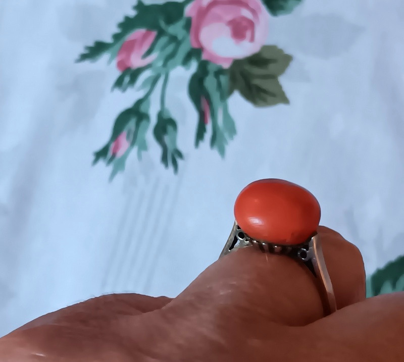 Large Antique Cabochon Coral Bead Set In Art Deco Ring Circa 1930-photo-3