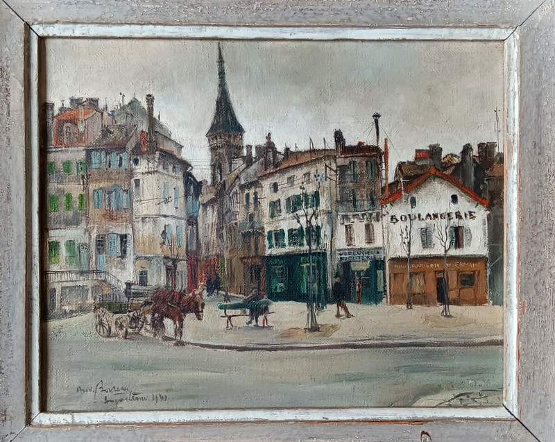 André Boureau (Bougie 1917- Céret 1999) Vue d'Angoulême scène de rue animée tableau peinture 