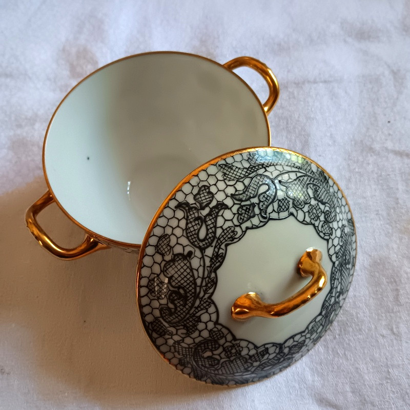 Camille Le Tallec And Limoges For Marcel Rochas Sugar Bowl Box Porcelain Service Lace Decoration-photo-5