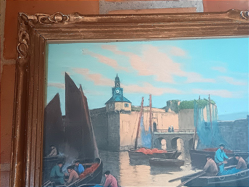 André Trassard Pastel Concarneau, Brittany, Sailors Returning From Fishing In Front Of The Ville Close-photo-3