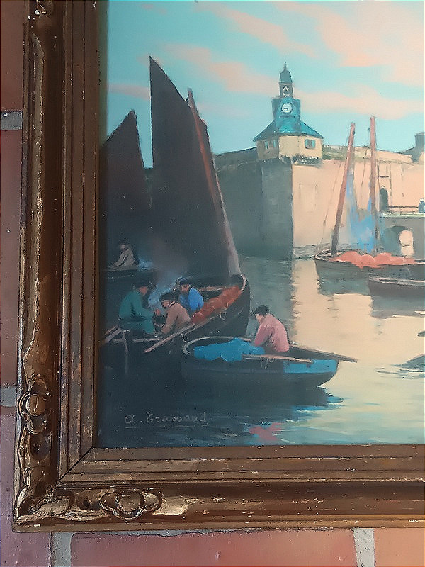 André Trassard Pastel Concarneau, Brittany, Sailors Returning From Fishing In Front Of The Ville Close-photo-4