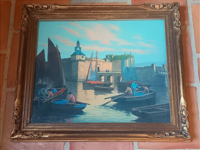 André Trassard Pastel Concarneau, Brittany, Sailors Returning From Fishing In Front Of The Ville Close
