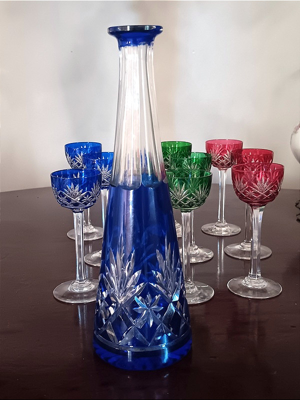 Cristallerie de Saint - louis Service à liqueur Massenet cristal taillé 3 couleurs différentes-photo-2