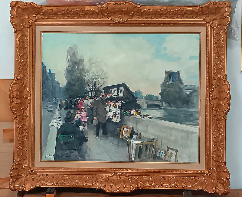 Jules  René Hervé (1887 - 1981) Huile toileTableau Les bouquinistes quais Seine le Louvre Paris