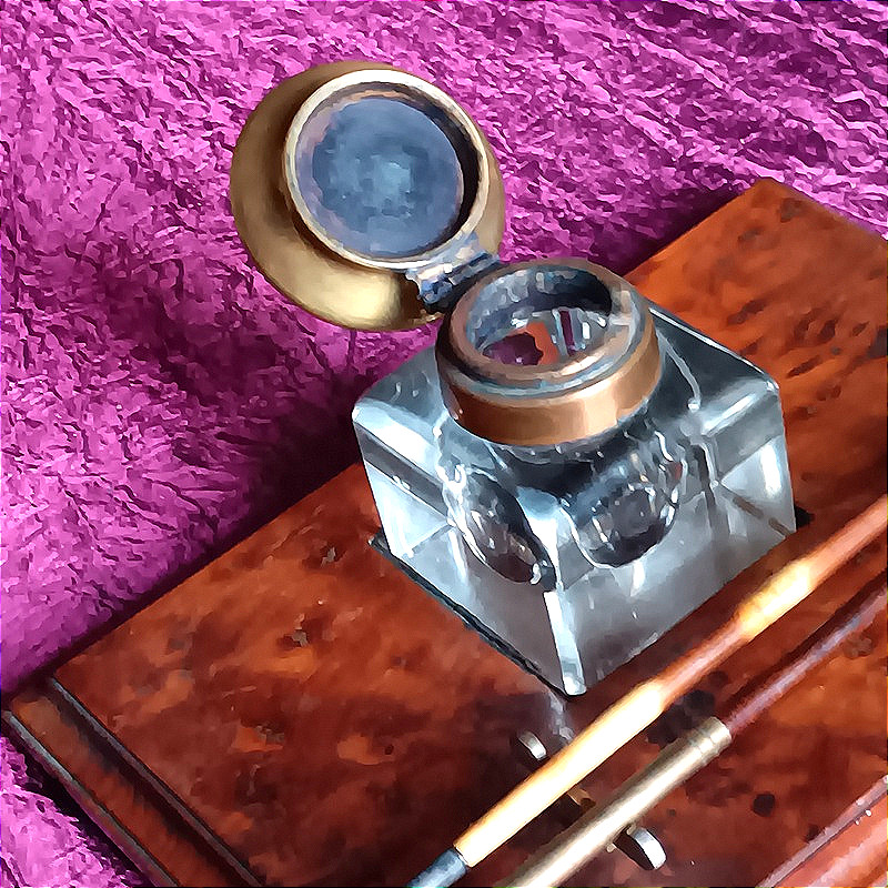 Bel encrier de bureau en cristal socle en palissandre et loupe-photo-1