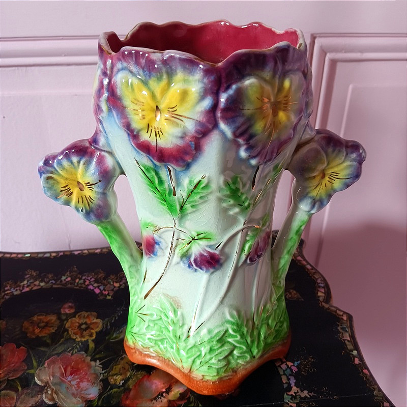 Fives Lille Vase With Pansies, Earthenware, Slipware, Circa 1900, Art Nouveau-photo-1