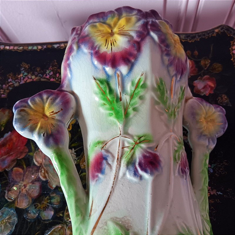 Fives Lille Vase With Pansies, Earthenware, Slipware, Circa 1900, Art Nouveau-photo-2