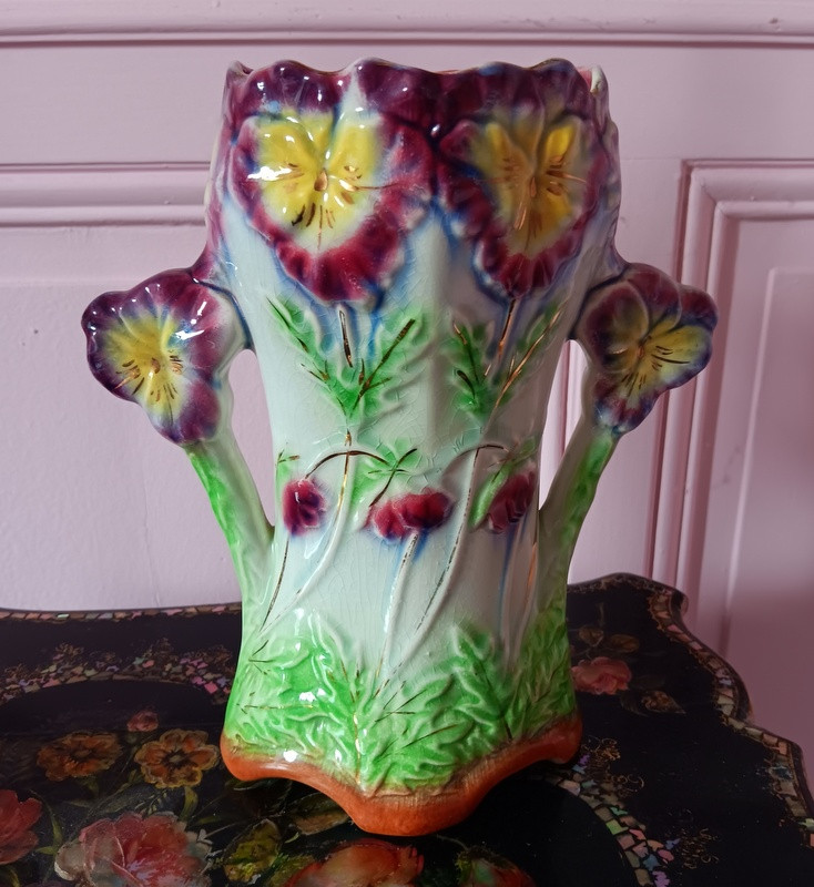 Fives Lille Vase With Pansies, Earthenware, Slipware, Circa 1900, Art Nouveau
