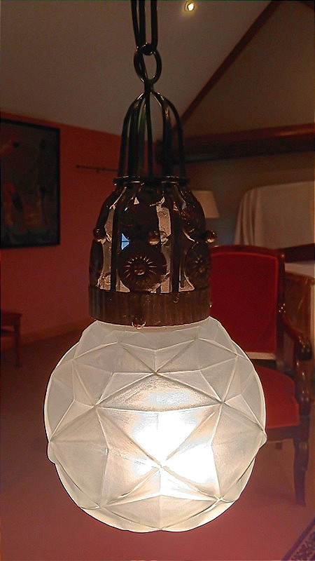 Ceiling Lamp Suspension Boule Chandelier Marcel Vasseur / Degué Art Deco 1925 - 1930 -photo-3