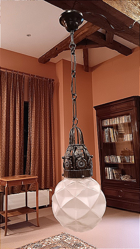 Ceiling Lamp Suspension Boule Chandelier Marcel Vasseur / Degué Art Deco 1925 - 1930 -photo-6