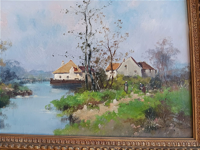 Eugène GALIEN-LALOUE (Galien Laloue 1854-1941) Huile sur toile hameau bord de rivière Barbizon-photo-2