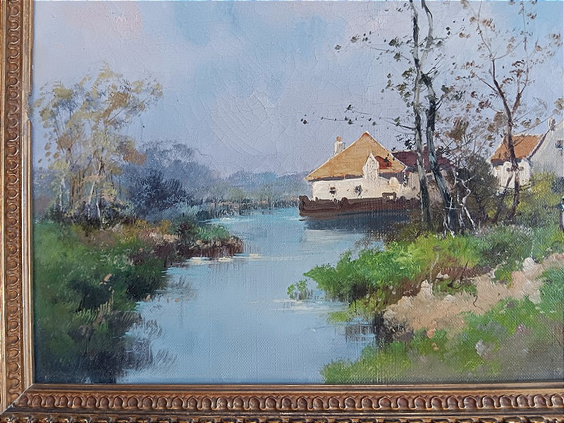 Eugène GALIEN-LALOUE (Galien Laloue 1854-1941) Huile sur toile hameau bord de rivière Barbizon-photo-3