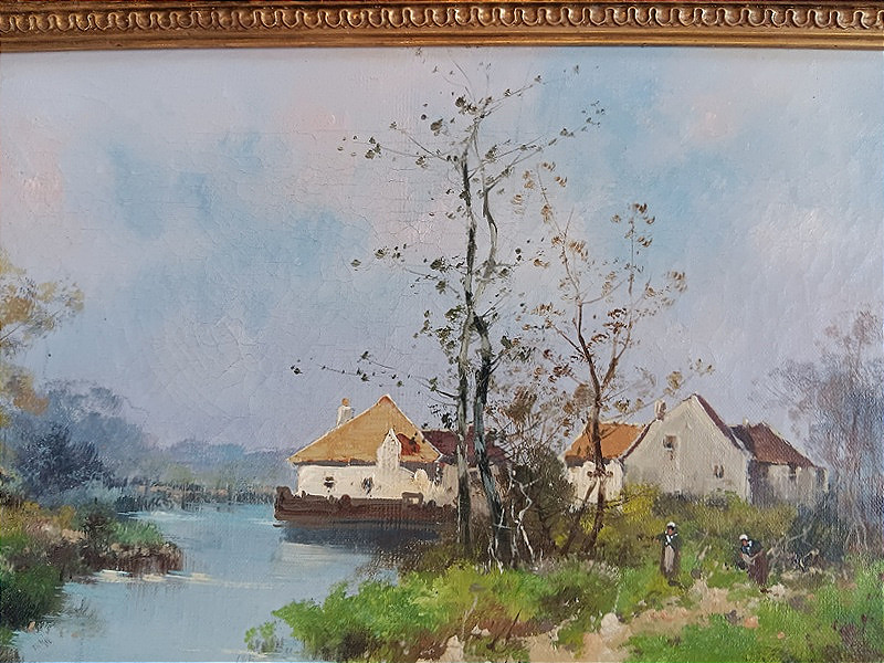 Eugène GALIEN-LALOUE (Galien Laloue 1854-1941) Huile sur toile hameau bord de rivière Barbizon-photo-4