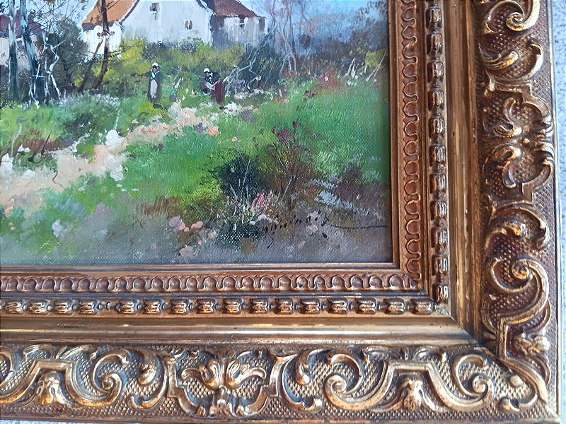 Eugène GALIEN-LALOUE (Galien Laloue 1854-1941) Huile sur toile hameau bord de rivière Barbizon-photo-1