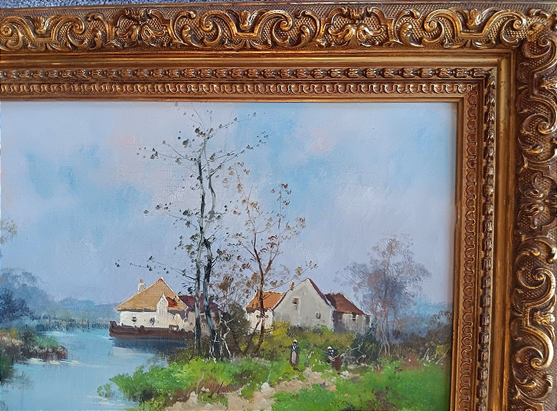 Eugène GALIEN-LALOUE (Galien Laloue 1854-1941) Huile sur toile hameau bord de rivière Barbizon-photo-2