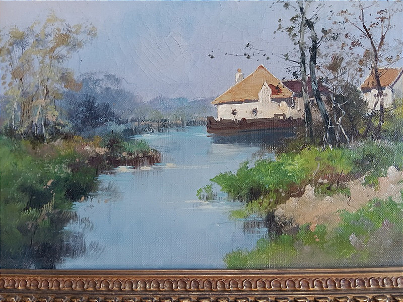 Eugène GALIEN-LALOUE (Galien Laloue 1854-1941) Huile sur toile hameau bord de rivière Barbizon-photo-3