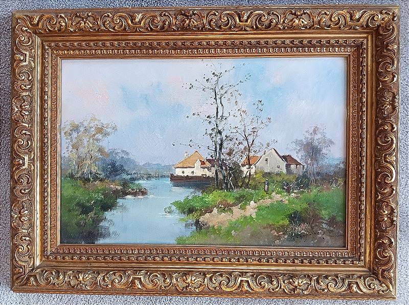 Eugène GALIEN-LALOUE (Galien Laloue 1854-1941) Huile sur toile hameau bord de rivière Barbizon