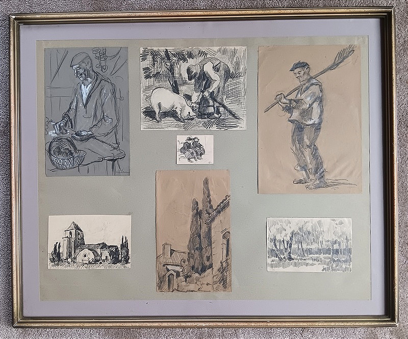 Jean Cluseau-lanauve (1914-1997) Collection Of Original Drawings Framed Under Glass