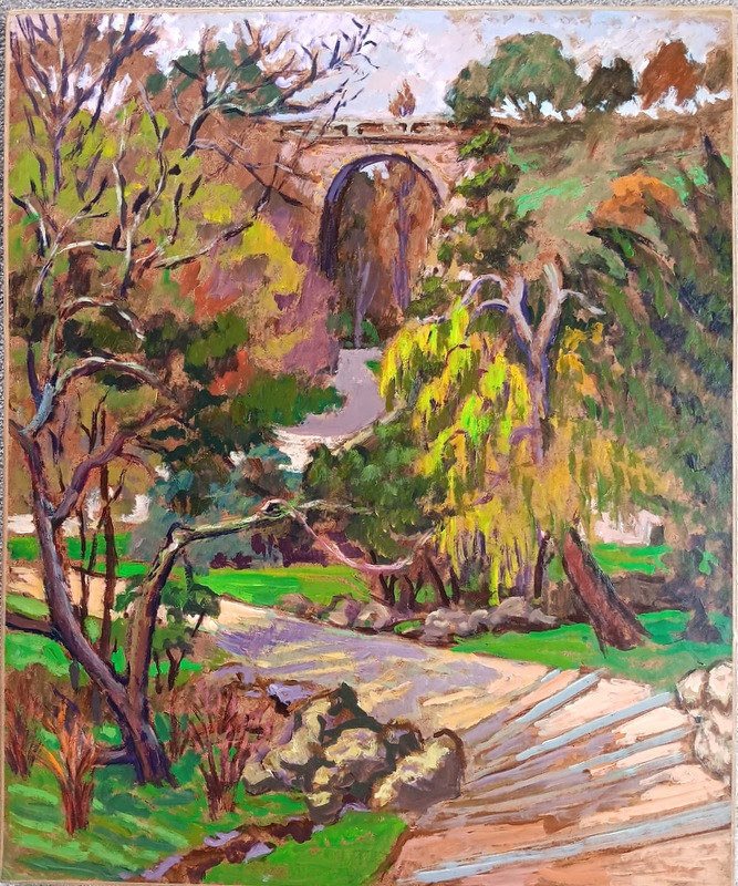 Marco Behar (1898 - 1959) Oil Painting On Hardboard Paris Bridge In The Buttes Chaumont Park