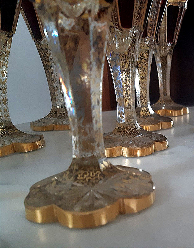  Moser Bohemian Set Of 6 Cut Crystal Glasses Decorated With Ruby Cabochons And Gold Motifs  -photo-4
