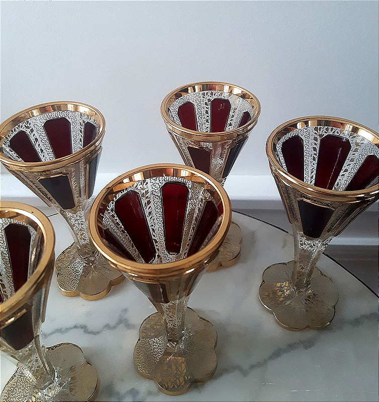  Moser Bohemian Set Of 6 Cut Crystal Glasses Decorated With Ruby Cabochons And Gold Motifs  -photo-5