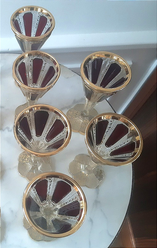 Moser Bohême service de 6 verres En Cristal Taillé Décor De Cabochons Rubis Et Motifs Or-photo-3