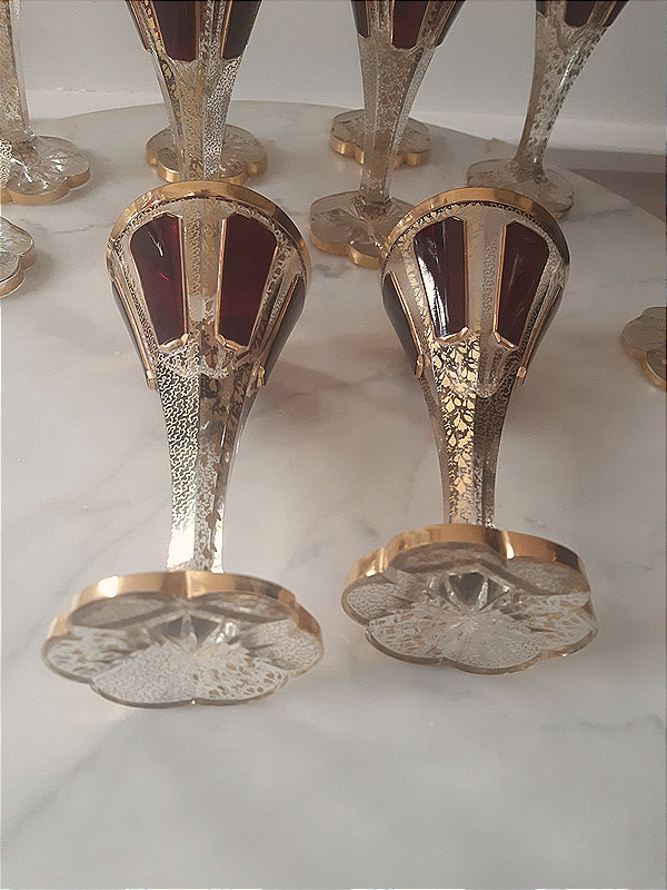 Moser Bohême service de 6 verres En Cristal Taillé Décor De Cabochons Rubis Et Motifs Or-photo-6
