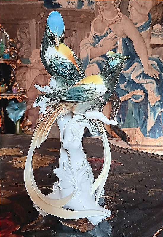 Karl Ens Birds, A Pair Of Blue Tits In Saxon Porcelain, Green Signature, 1920s