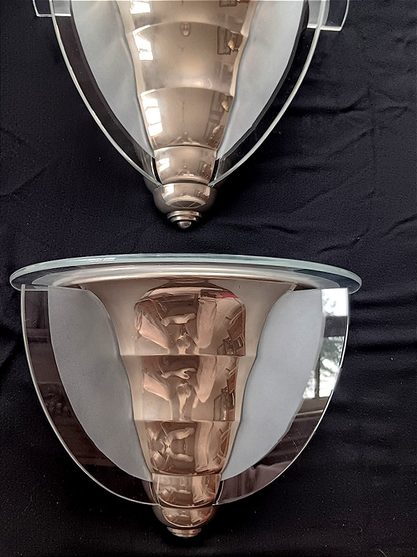 Pair Of Art Deco Modernist Wall Lights In Sandblasted Glass And Chrome-plated Metal-photo-3