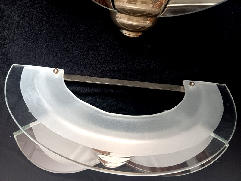 Pair Of Art Deco Modernist Wall Lights In Sandblasted Glass And Chrome-plated Metal-photo-4