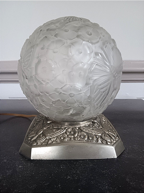  Hanots Glassworks Art Deco Night Light "butterfly Ball" And Nickel-plated Bronze 1925 - 1930-photo-3