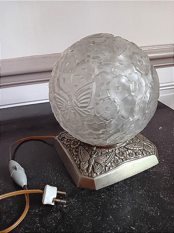  Hanots Glassworks Art Deco Night Light "butterfly Ball" And Nickel-plated Bronze 1925 - 1930-photo-2