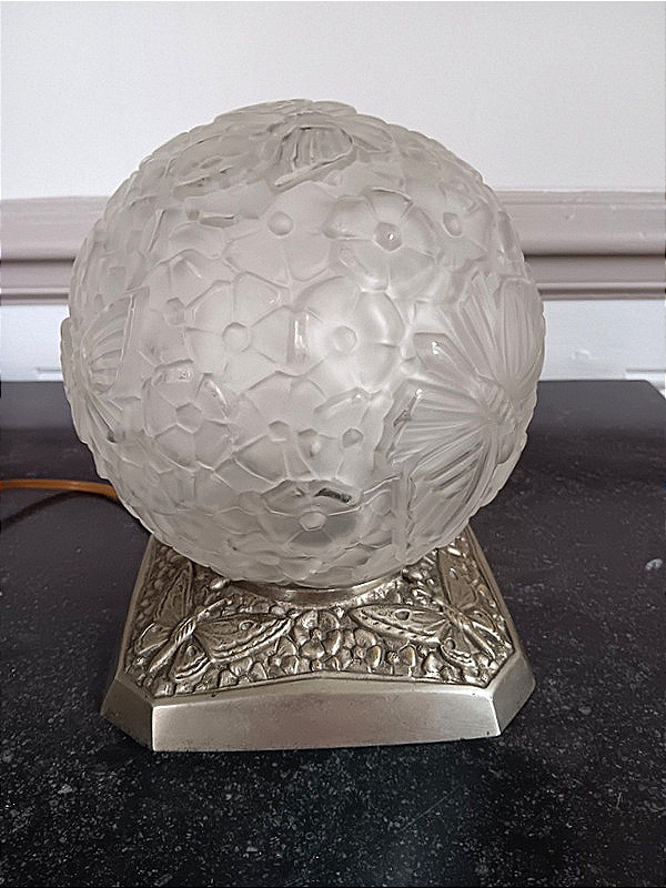  Hanots Glassworks Art Deco Night Light "butterfly Ball" And Nickel-plated Bronze 1925 - 1930-photo-3