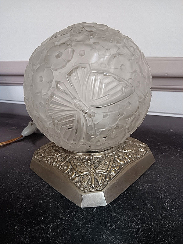  Hanots Glassworks Art Deco Night Light "butterfly Ball" And Nickel-plated Bronze 1925 - 1930-photo-4