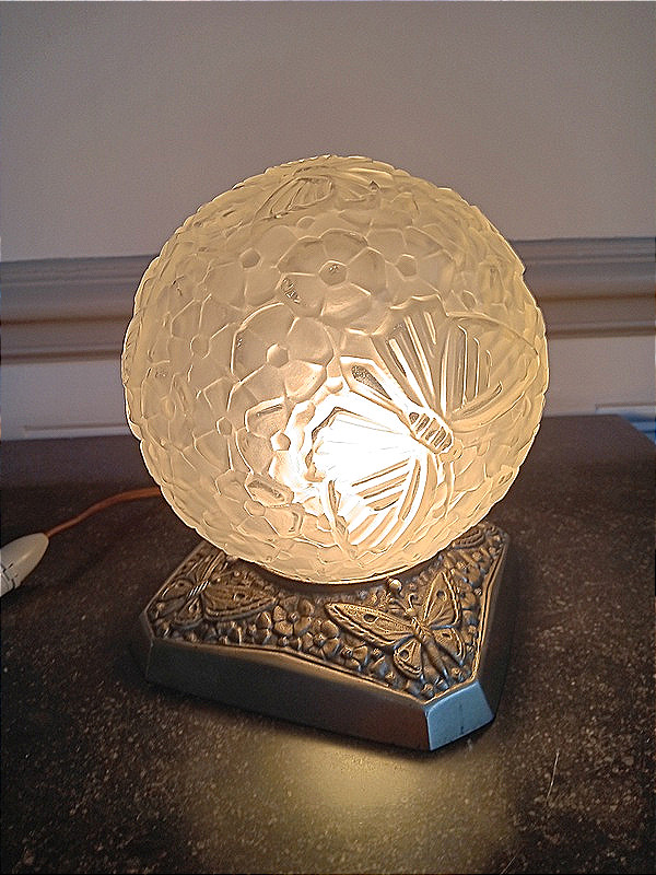  Hanots Glassworks Art Deco Night Light "butterfly Ball" And Nickel-plated Bronze 1925 - 1930-photo-5