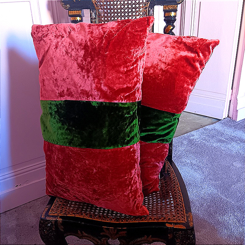 Large Two-tone Cushions In Burnt Orange And Empire Green Silk Velvet
