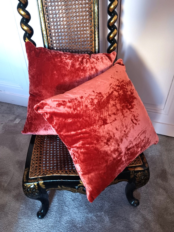 Belle Suite De Coussins En Velours De Soie brique Tissu Ancien-photo-2