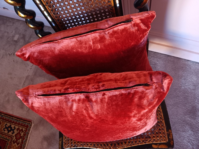 Belle Suite De Coussins En Velours De Soie brique Tissu Ancien-photo-1