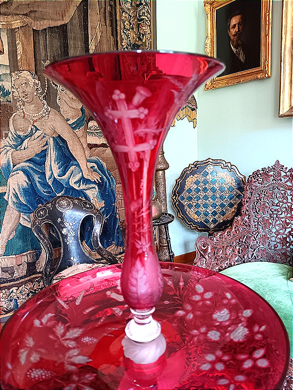 Baccarat Coupe vase centre de table Présentoir serviteur Art nouveau Cristal Doublé Rouge -photo-2